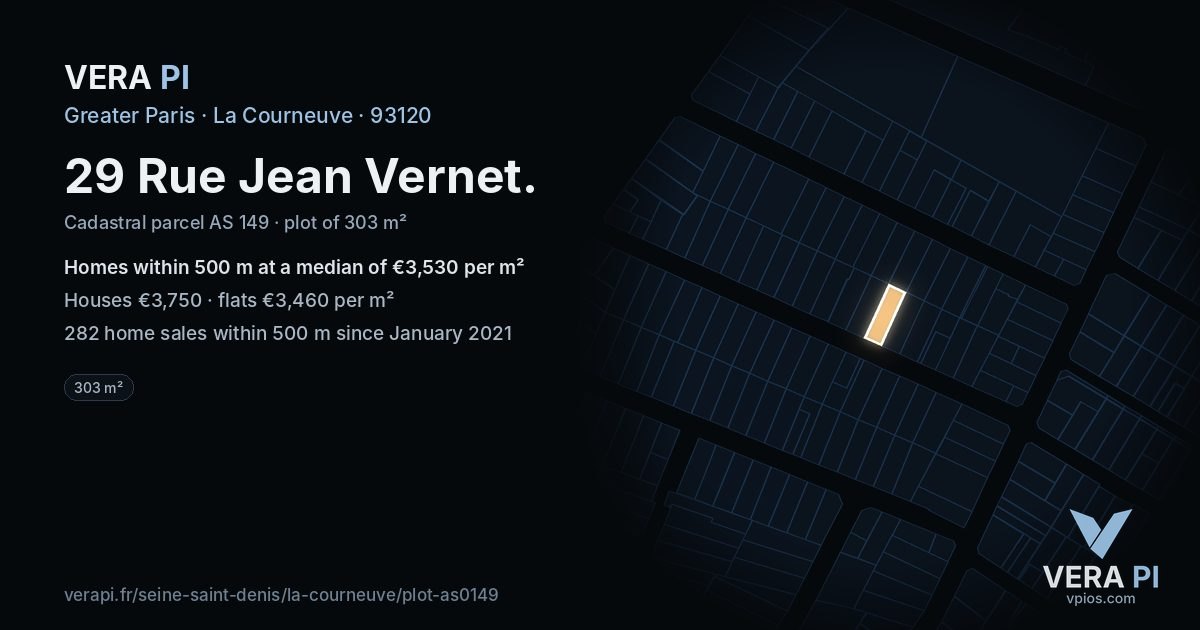 29 Rue Jean Vernet, La Courneuve at night – the plot lit, the parcels around coloured by the prices near them