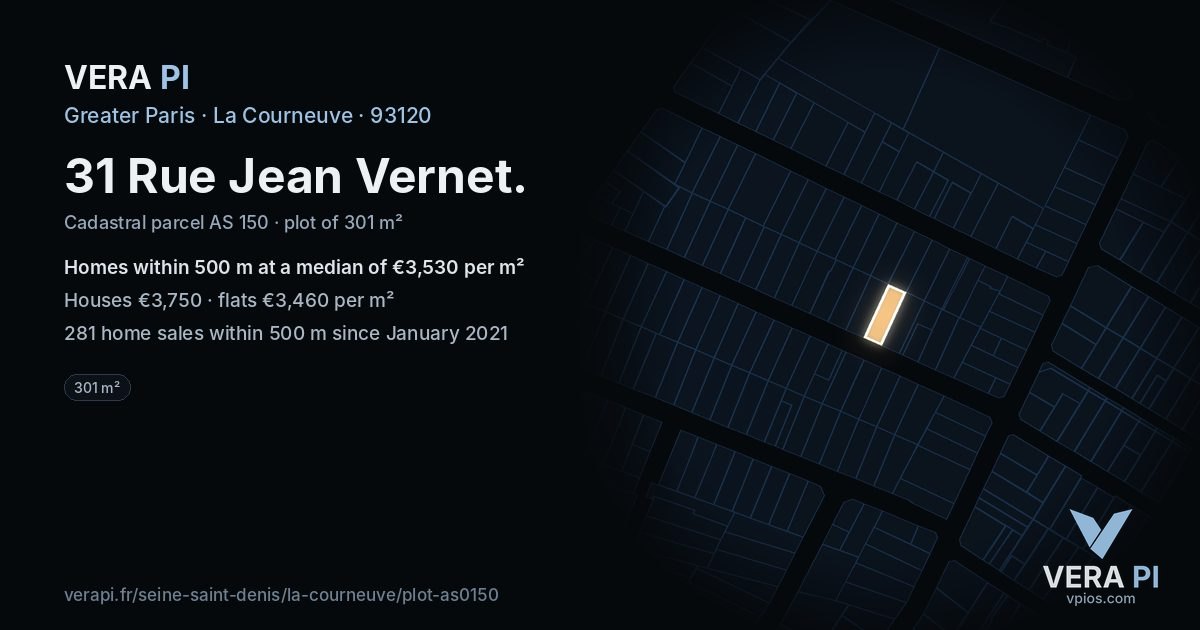 31 Rue Jean Vernet, La Courneuve at night – the plot lit, the parcels around coloured by the prices near them