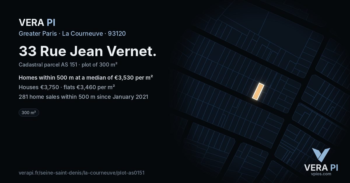 33 Rue Jean Vernet, La Courneuve at night – the plot lit, the parcels around coloured by the prices near them