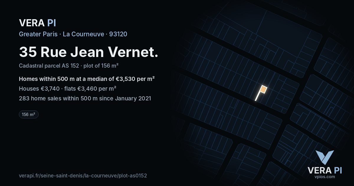 35 Rue Jean Vernet, La Courneuve at night – the plot lit, the parcels around coloured by the prices near them