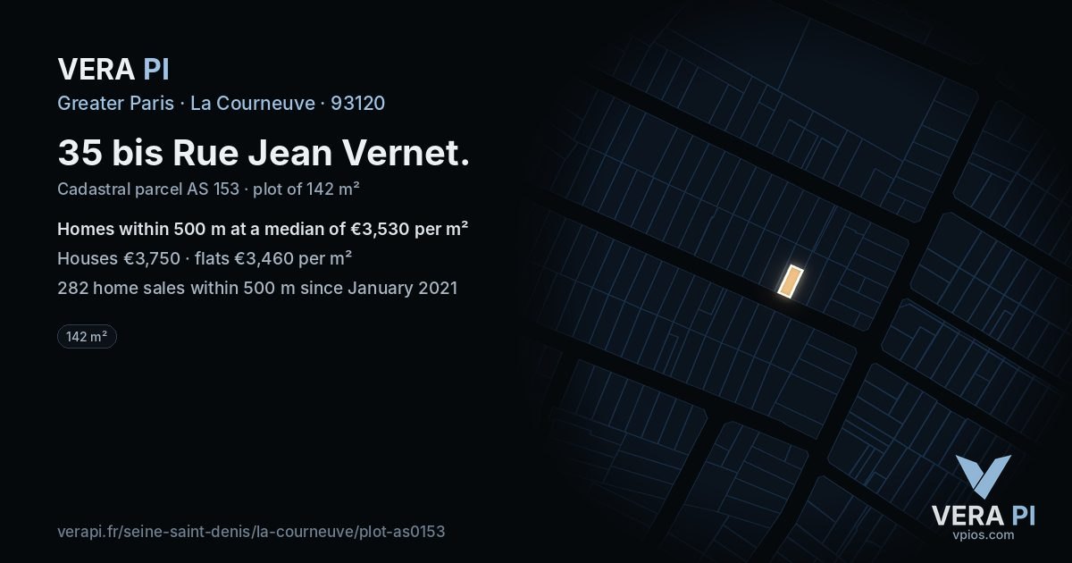 35 bis Rue Jean Vernet, La Courneuve at night – the plot lit, the parcels around coloured by the prices near them