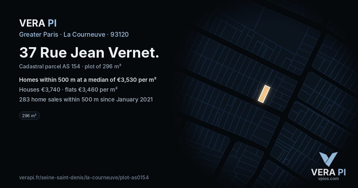 37 Rue Jean Vernet, La Courneuve at night – the plot lit, the parcels around coloured by the prices near them