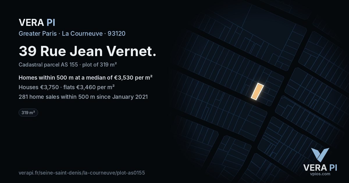 39 Rue Jean Vernet, La Courneuve at night – the plot lit, the parcels around coloured by the prices near them