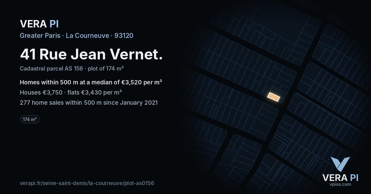 41 Rue Jean Vernet, La Courneuve at night – the plot lit, the parcels around coloured by the prices near them