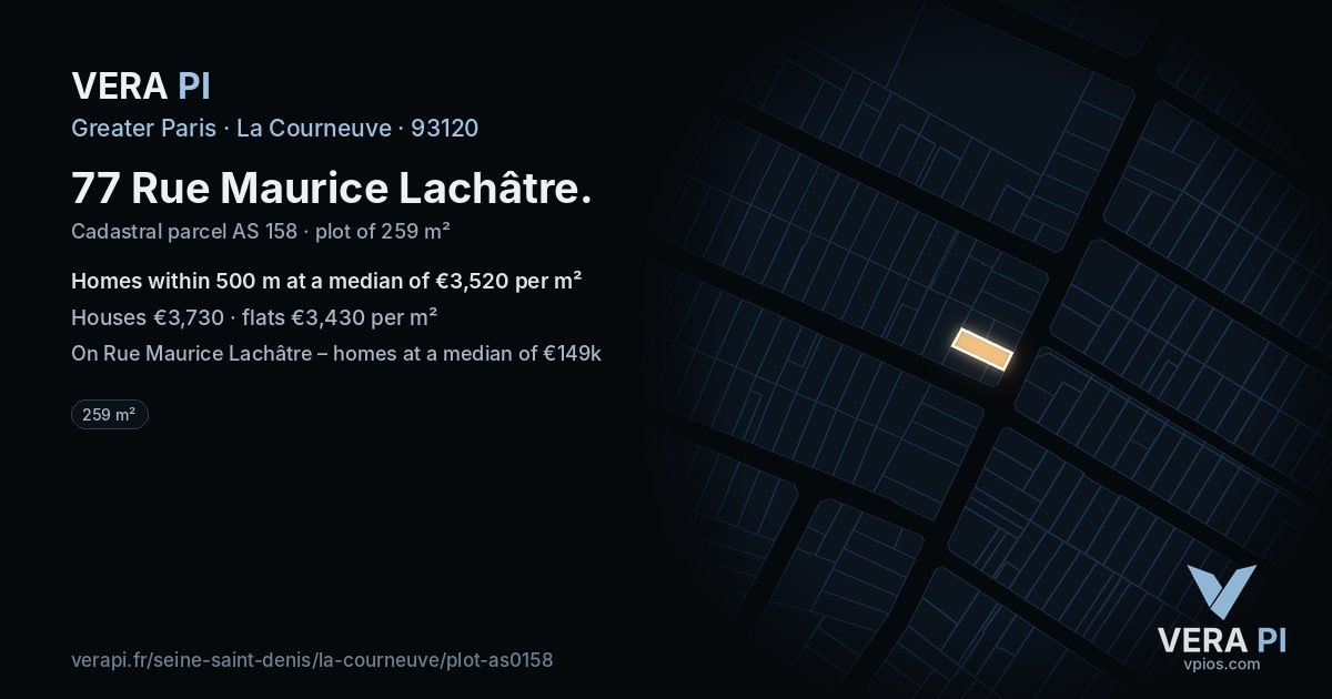 77 Rue Maurice Lachâtre, La Courneuve at night – the plot lit, the parcels around coloured by the prices near them