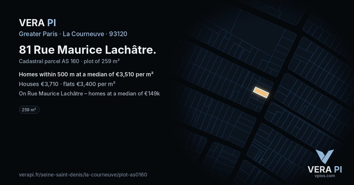 81 Rue Maurice Lachâtre, La Courneuve at night – the plot lit, the parcels around coloured by the prices near them