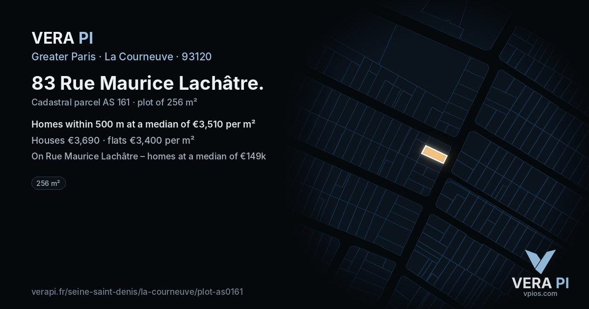 83 Rue Maurice Lachâtre, La Courneuve at night – the plot lit, the parcels around coloured by the prices near them