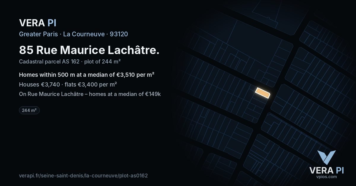 85 Rue Maurice Lachâtre, La Courneuve at night – the plot lit, the parcels around coloured by the prices near them