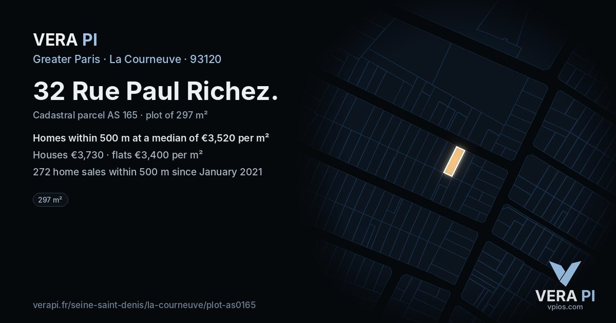 32 Rue Paul Richez, La Courneuve at night – the plot lit, the parcels around coloured by the prices near them