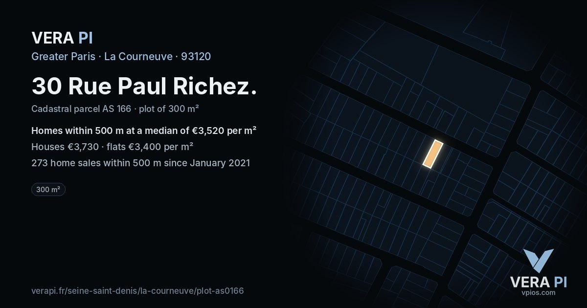 30 Rue Paul Richez, La Courneuve at night – the plot lit, the parcels around coloured by the prices near them