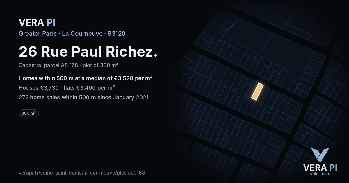 26 Rue Paul Richez, La Courneuve at night – the plot lit, the parcels around coloured by the prices near them