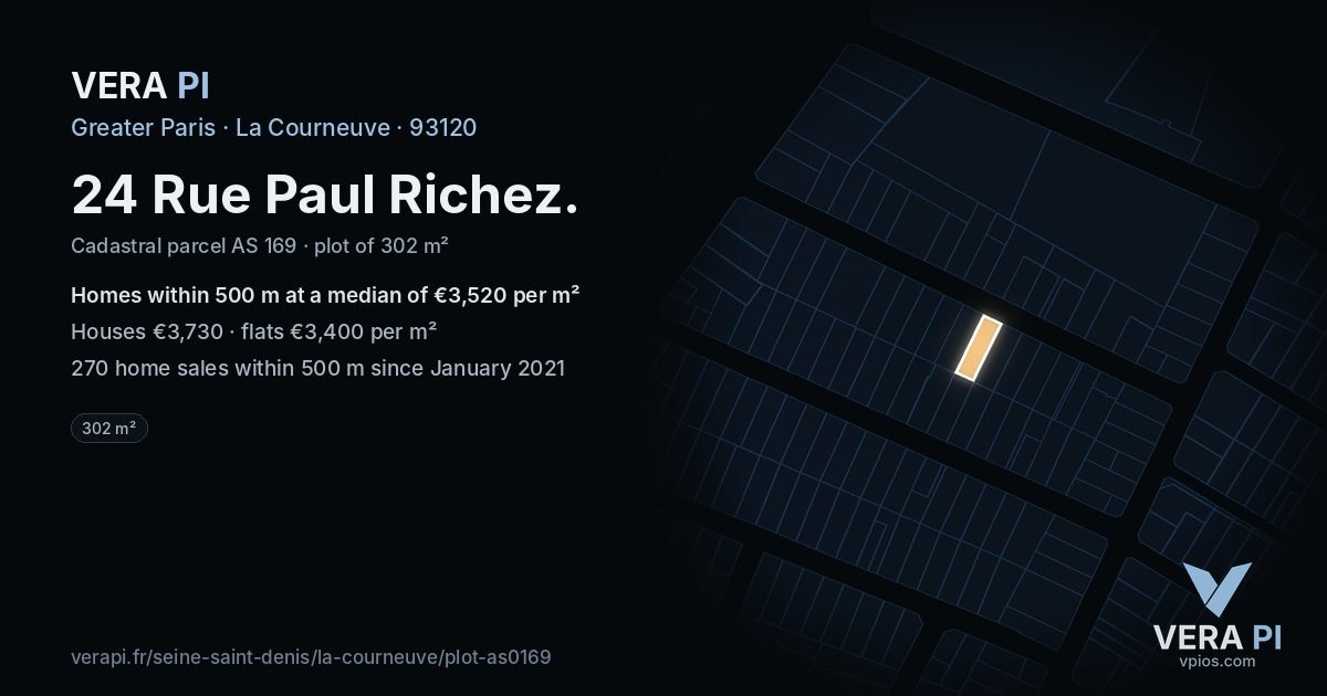 24 Rue Paul Richez, La Courneuve at night – the plot lit, the parcels around coloured by the prices near them