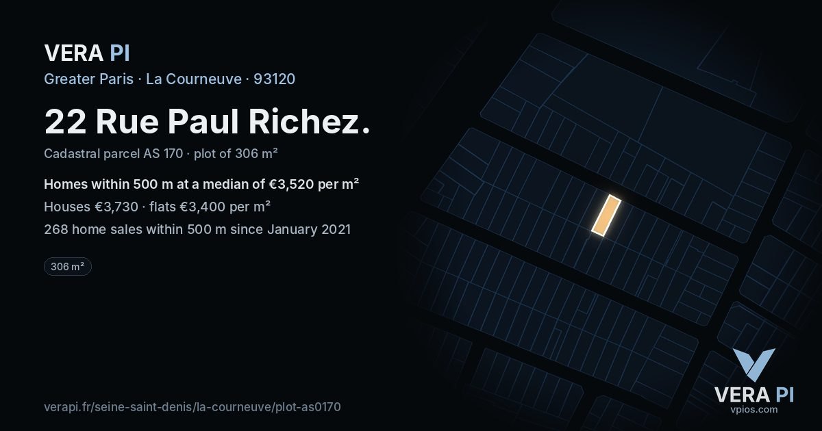 22 Rue Paul Richez, La Courneuve at night – the plot lit, the parcels around coloured by the prices near them
