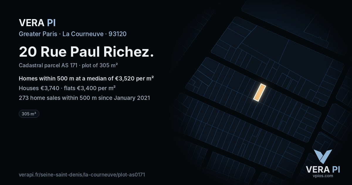 20 Rue Paul Richez, La Courneuve at night – the plot lit, the parcels around coloured by the prices near them