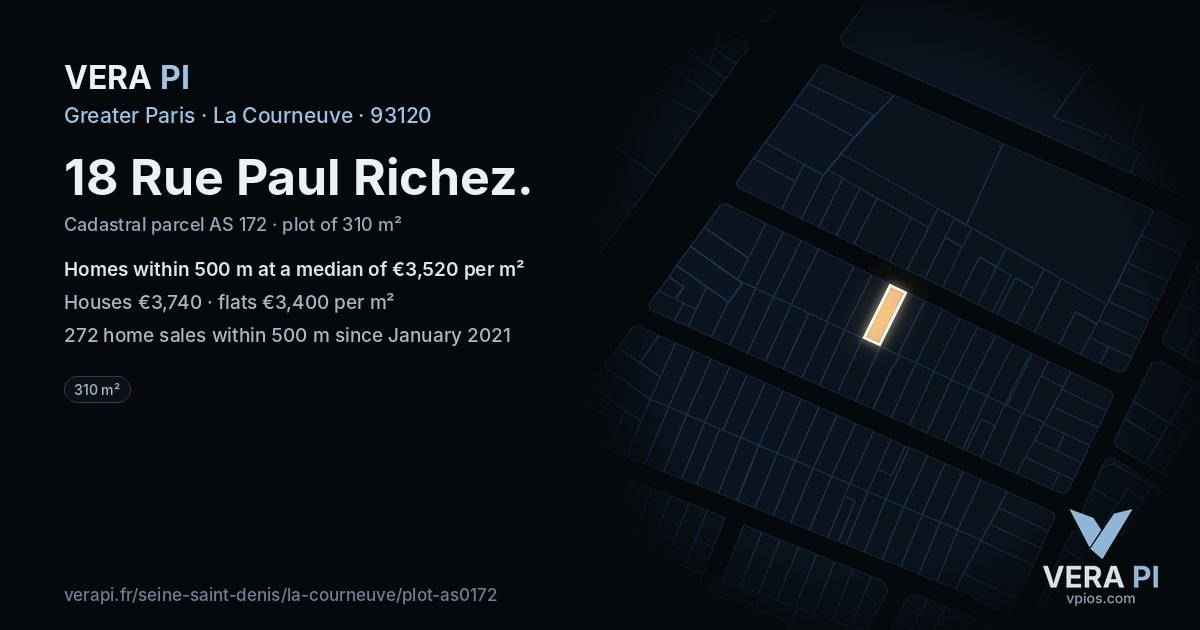 18 Rue Paul Richez, La Courneuve at night – the plot lit, the parcels around coloured by the prices near them