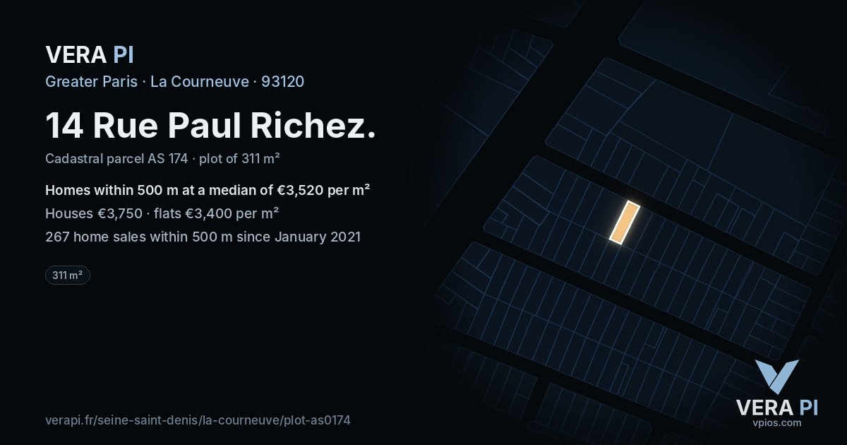 14 Rue Paul Richez, La Courneuve at night – the plot lit, the parcels around coloured by the prices near them