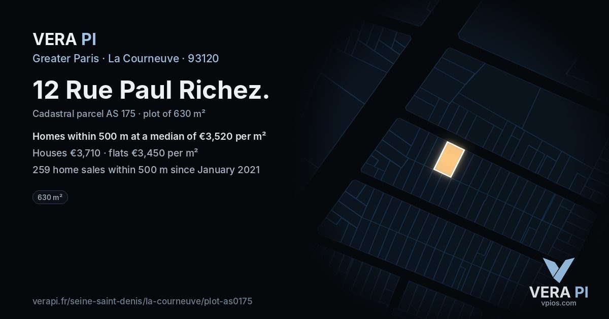 12 Rue Paul Richez, La Courneuve at night – the plot lit, the parcels around coloured by the prices near them