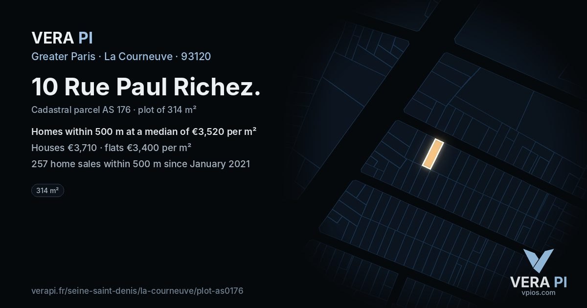 10 Rue Paul Richez, La Courneuve at night – the plot lit, the parcels around coloured by the prices near them