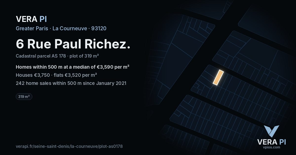 6 Rue Paul Richez, La Courneuve at night – the plot lit, the parcels around coloured by the prices near them