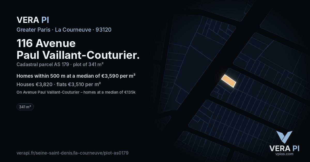116 Avenue Paul Vaillant-Couturier, La Courneuve at night – the plot lit, the parcels around coloured by the prices near them