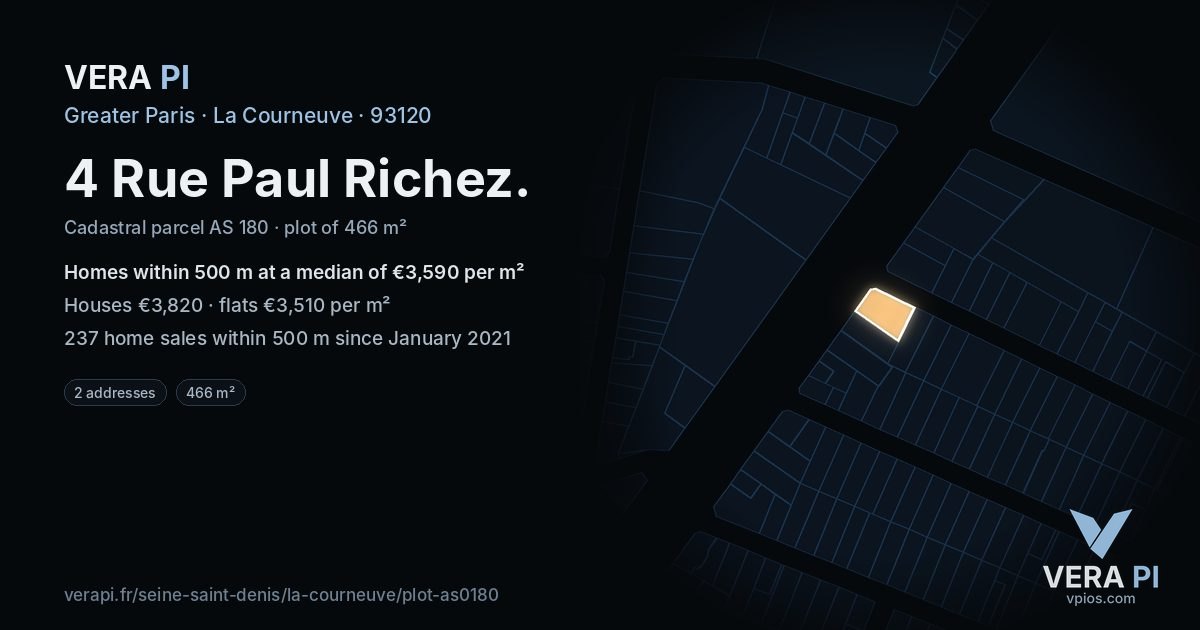 4 Rue Paul Richez, La Courneuve at night – the plot lit, the parcels around coloured by the prices near them