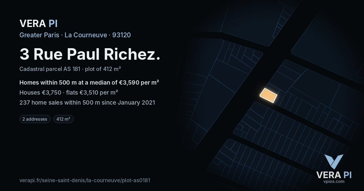 3 Rue Paul Richez, La Courneuve at night – the plot lit, the parcels around coloured by the prices near them