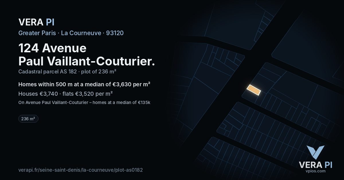 124 Avenue Paul Vaillant-Couturier, La Courneuve at night – the plot lit, the parcels around coloured by the prices near them