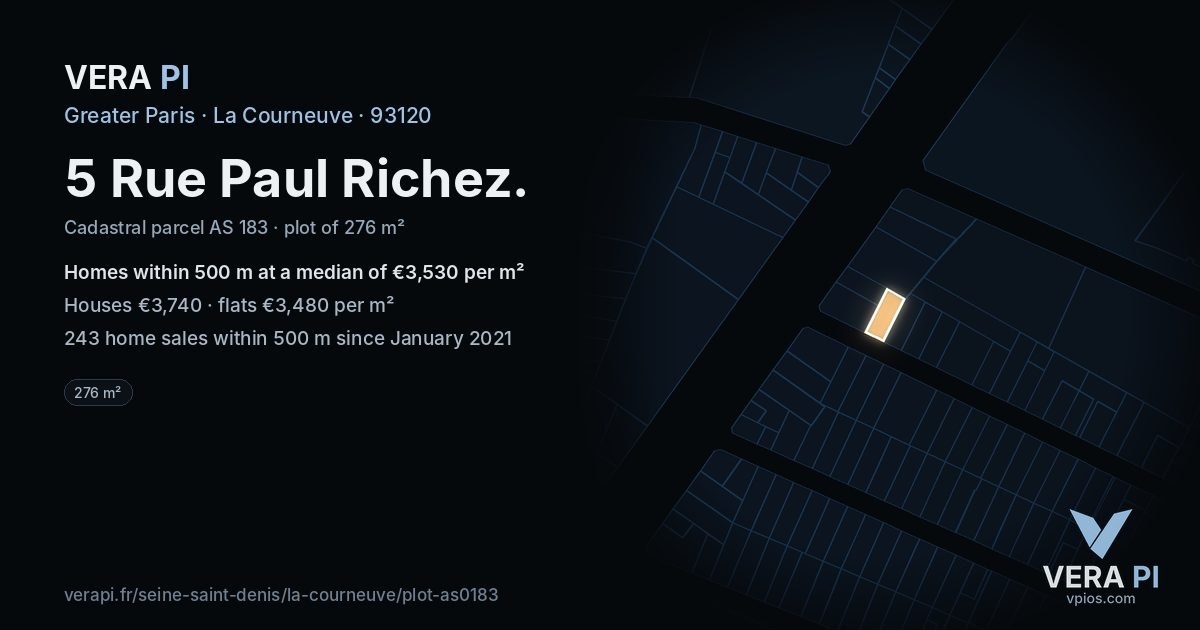 5 Rue Paul Richez, La Courneuve at night – the plot lit, the parcels around coloured by the prices near them