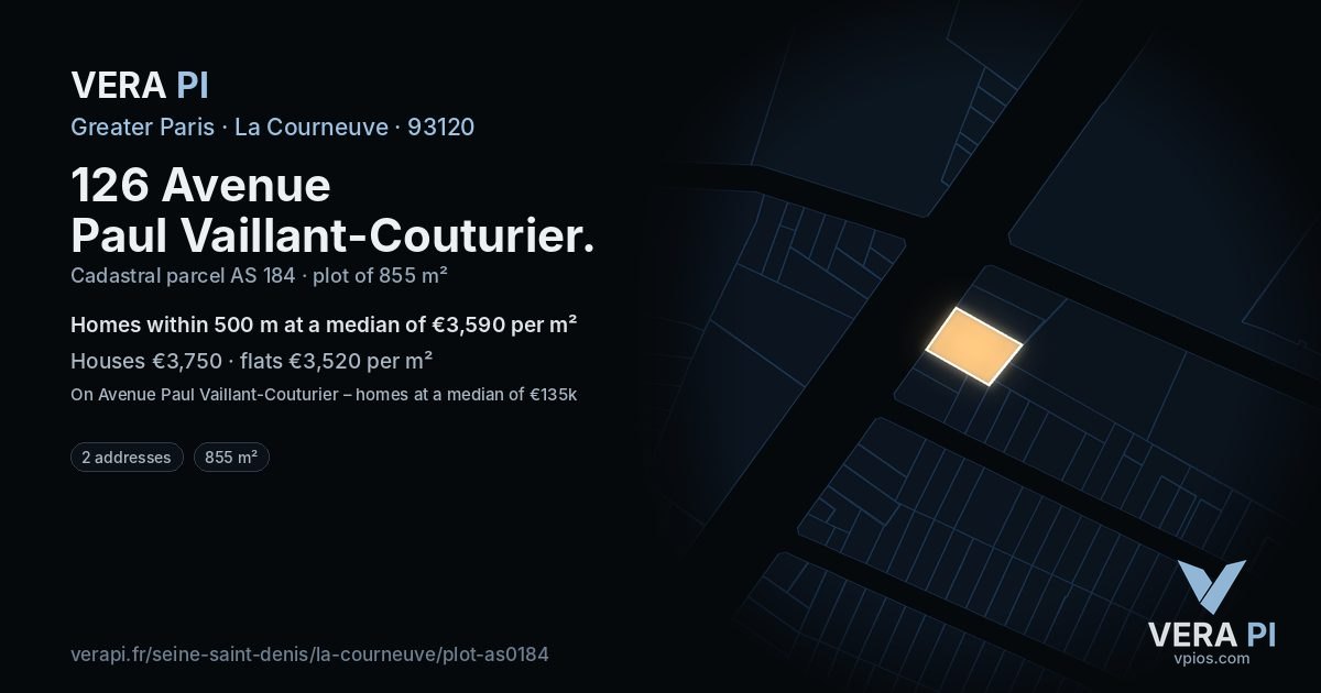 126 Avenue Paul Vaillant-Couturier, La Courneuve at night – the plot lit, the parcels around coloured by the prices near them