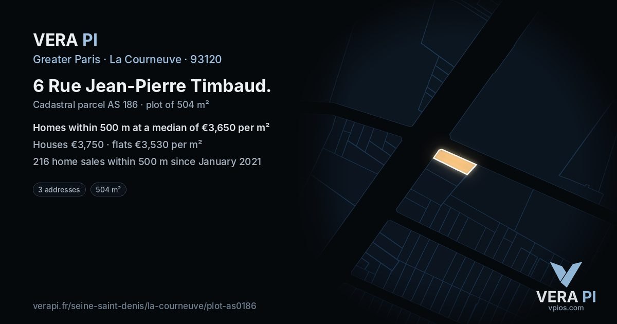 6 Rue Jean-Pierre Timbaud, La Courneuve at night – the plot lit, the parcels around coloured by the prices near them