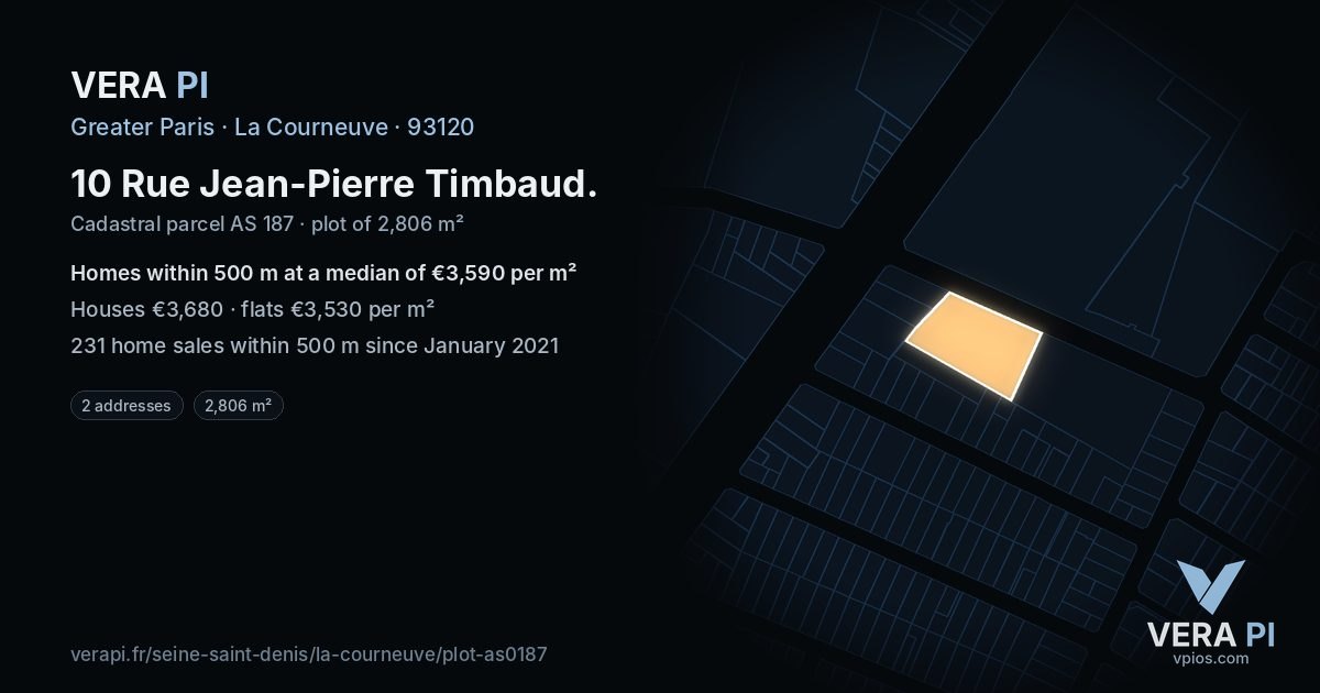 10 Rue Jean-Pierre Timbaud, La Courneuve at night – the plot lit, the parcels around coloured by the prices near them