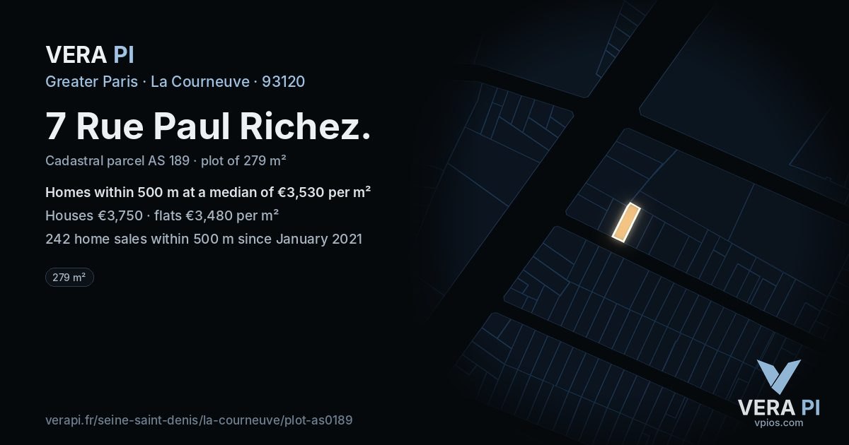 7 Rue Paul Richez, La Courneuve at night – the plot lit, the parcels around coloured by the prices near them