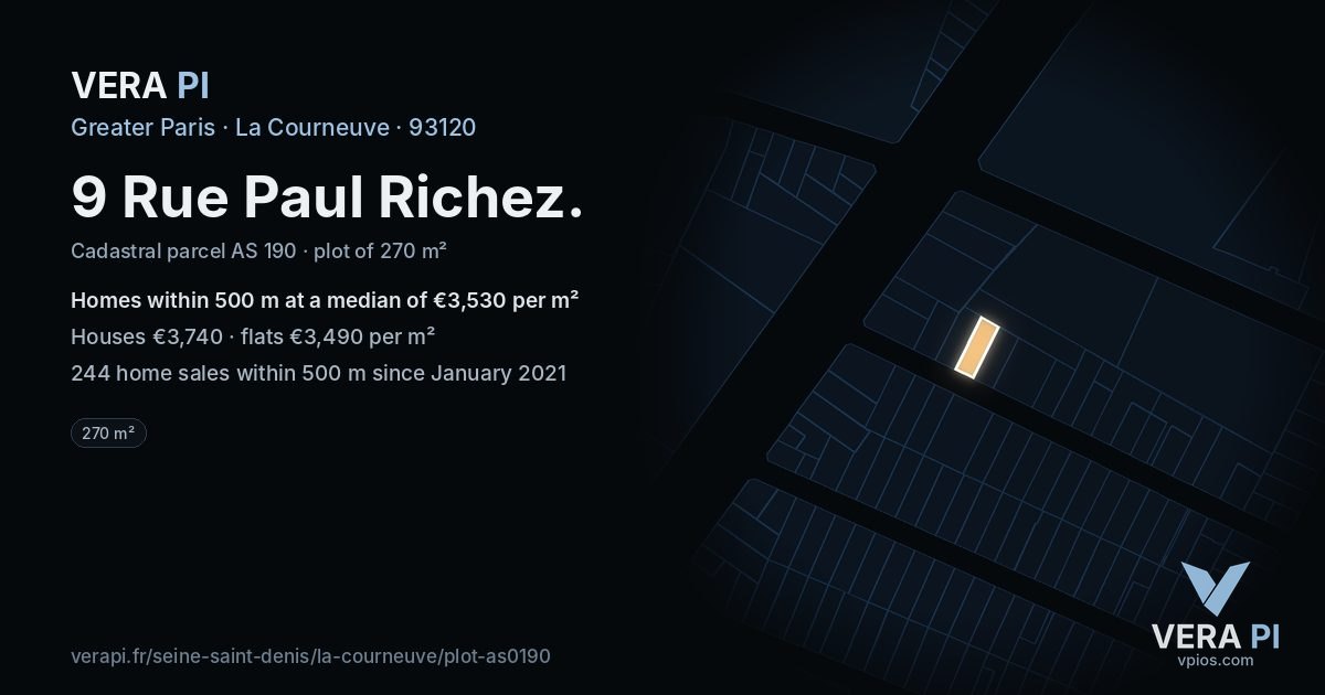9 Rue Paul Richez, La Courneuve at night – the plot lit, the parcels around coloured by the prices near them