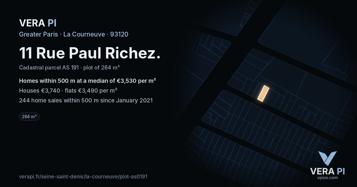 11 Rue Paul Richez, La Courneuve at night – the plot lit, the parcels around coloured by the prices near them