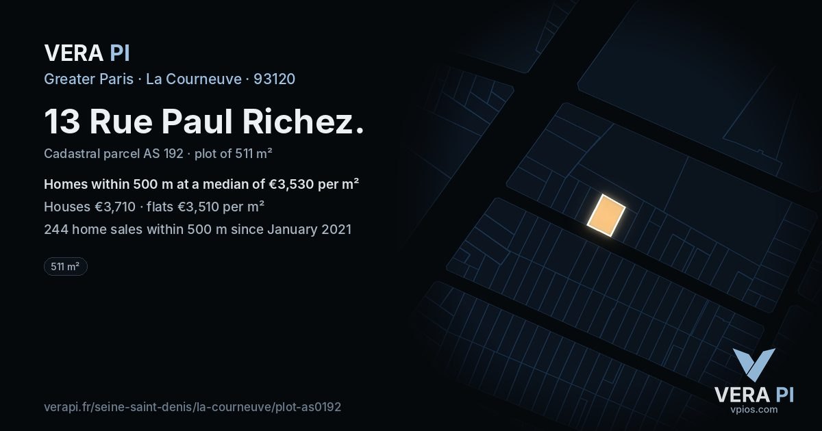 13 Rue Paul Richez, La Courneuve at night – the plot lit, the parcels around coloured by the prices near them