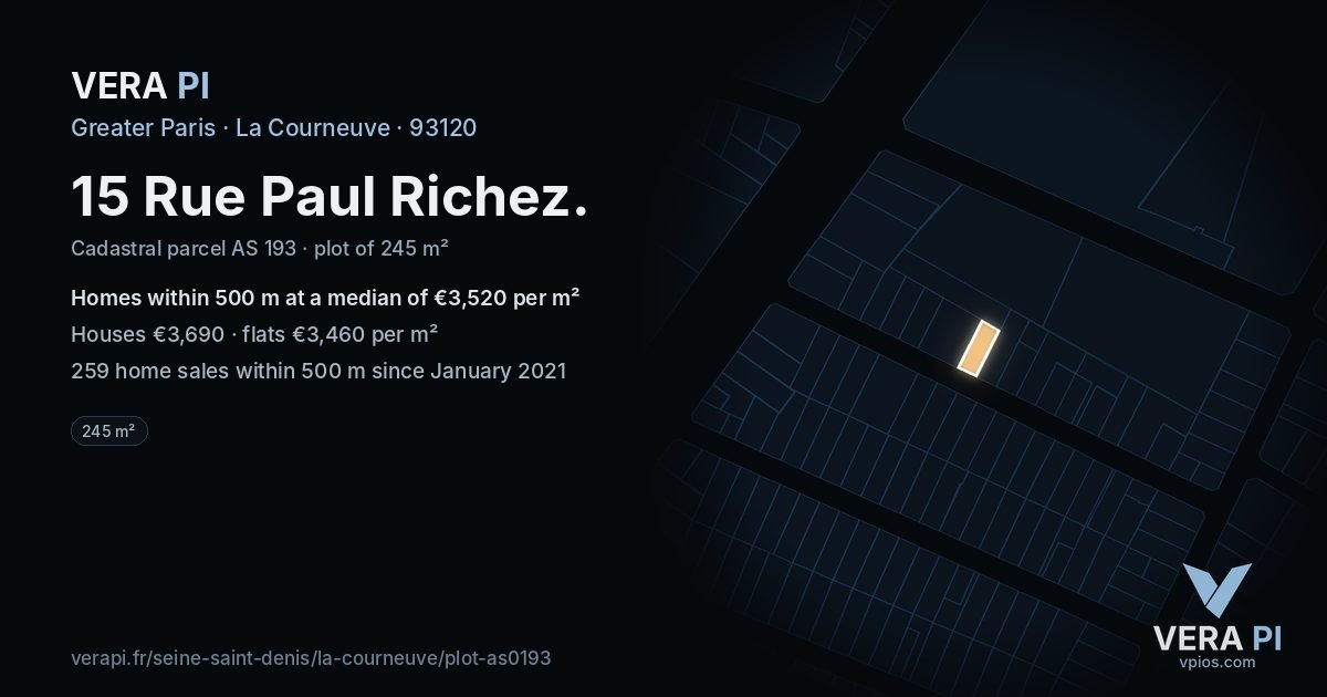15 Rue Paul Richez, La Courneuve at night – the plot lit, the parcels around coloured by the prices near them