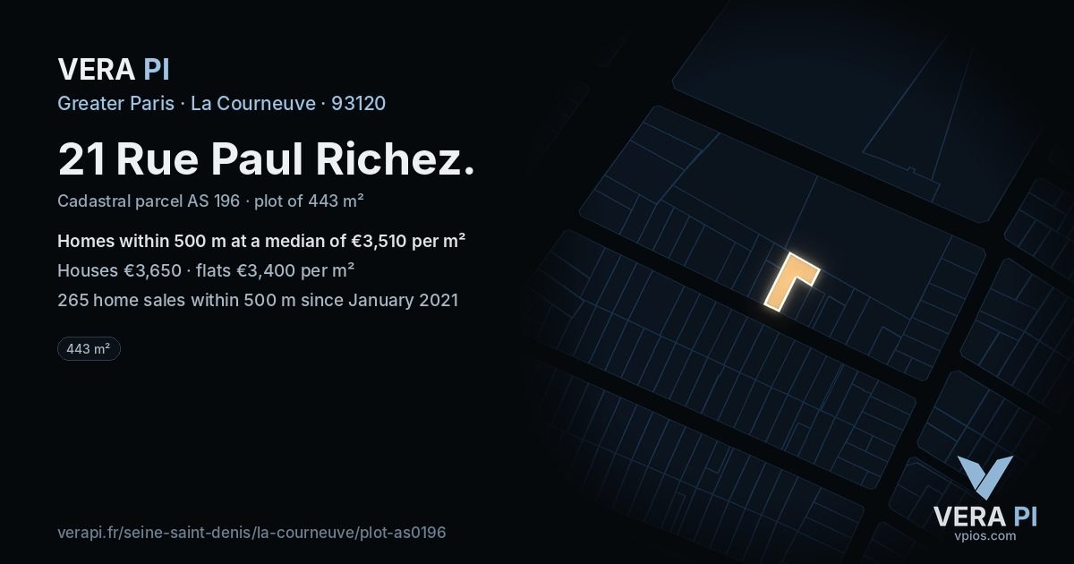 21 Rue Paul Richez, La Courneuve at night – the plot lit, the parcels around coloured by the prices near them