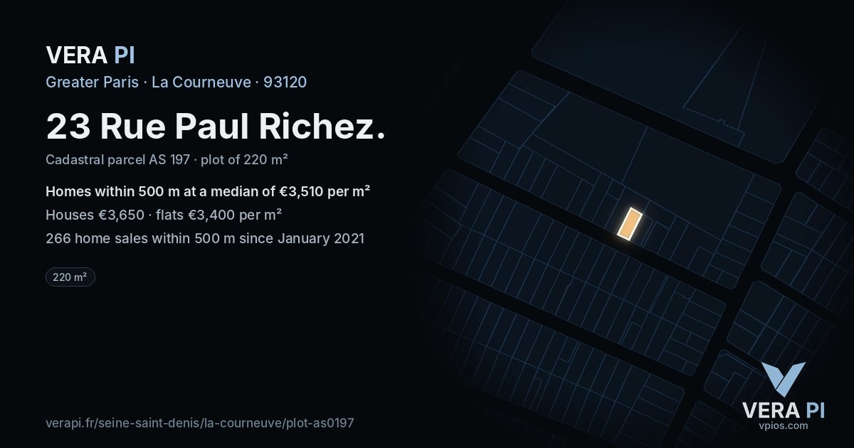 23 Rue Paul Richez, La Courneuve at night – the plot lit, the parcels around coloured by the prices near them