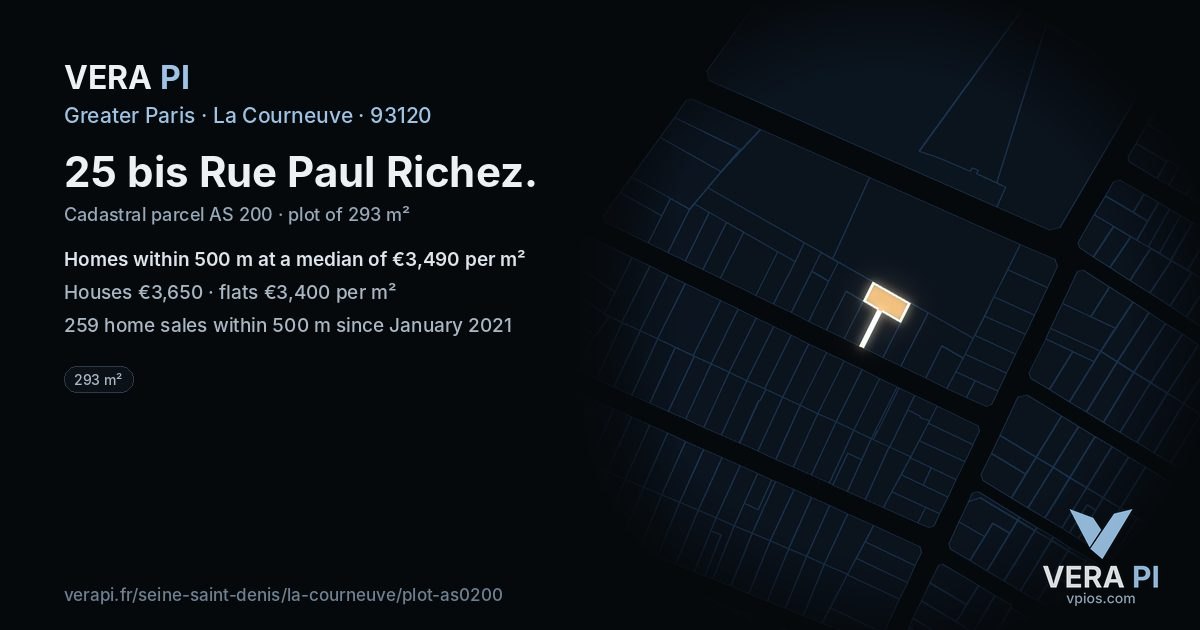 25 bis Rue Paul Richez, La Courneuve at night – the plot lit, the parcels around coloured by the prices near them
