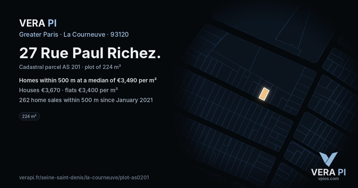 27 Rue Paul Richez, La Courneuve at night – the plot lit, the parcels around coloured by the prices near them