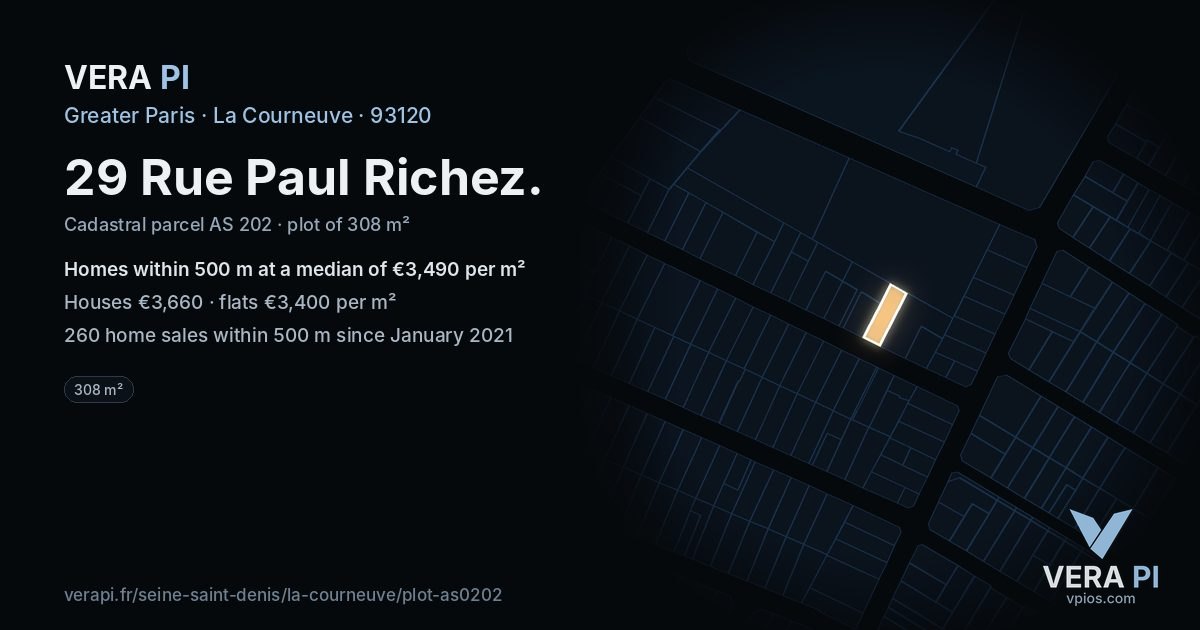 29 Rue Paul Richez, La Courneuve at night – the plot lit, the parcels around coloured by the prices near them