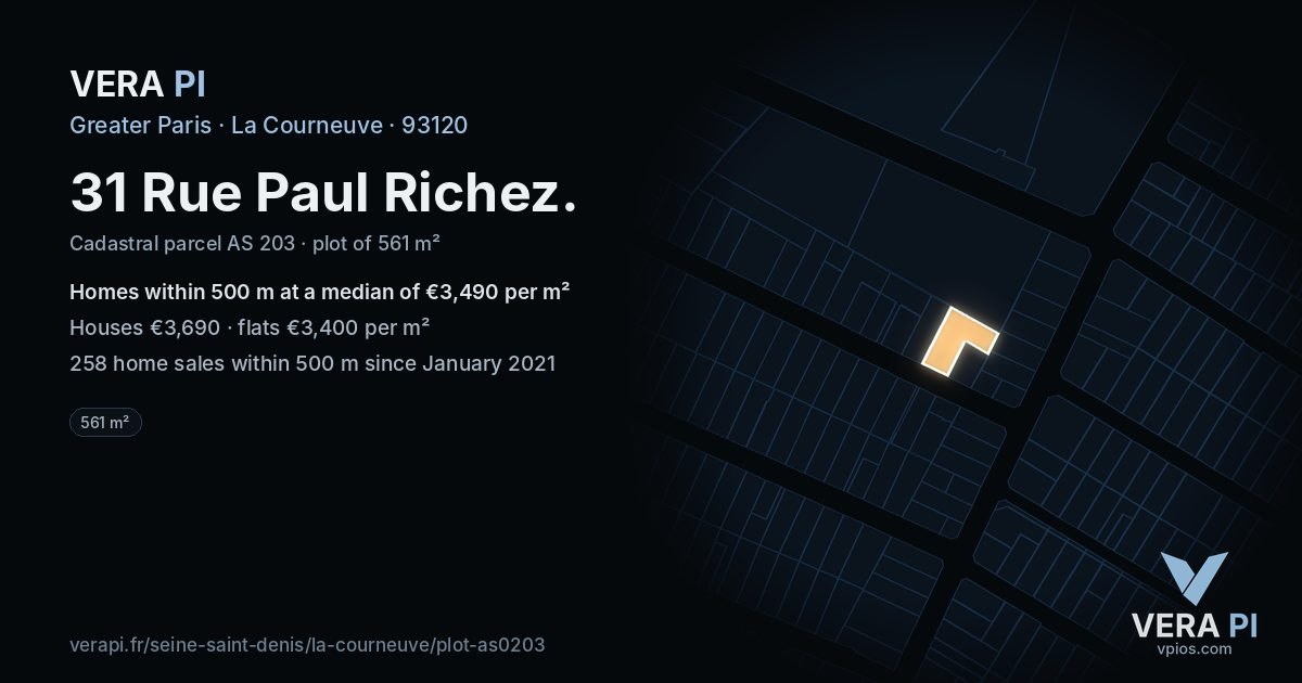31 Rue Paul Richez, La Courneuve at night – the plot lit, the parcels around coloured by the prices near them