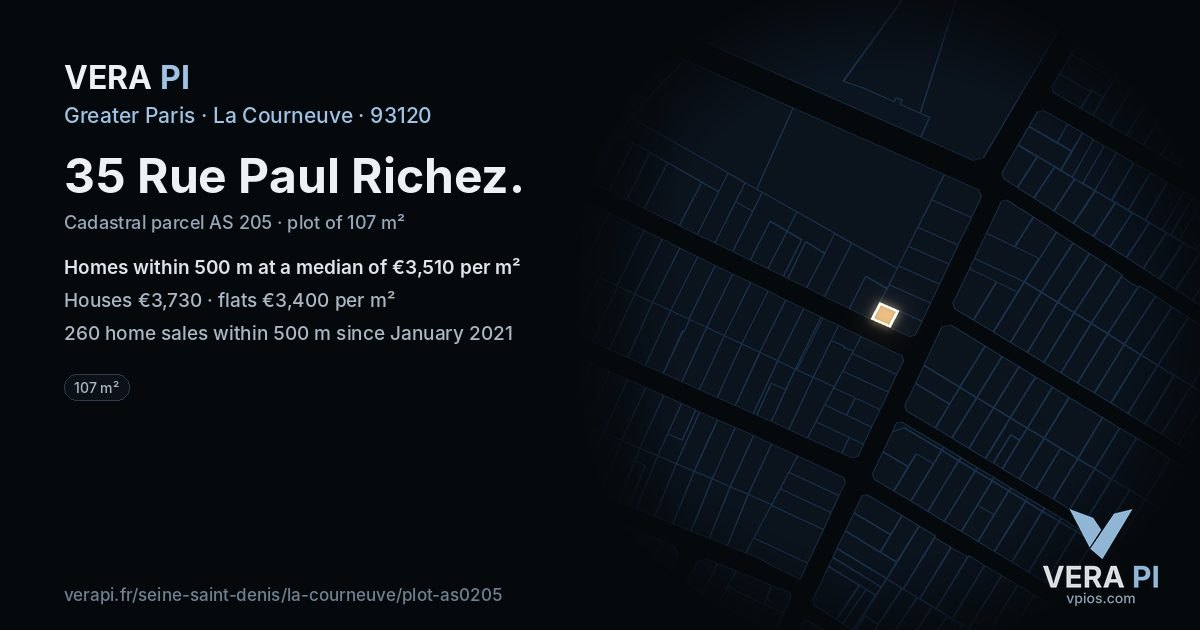 35 Rue Paul Richez, La Courneuve at night – the plot lit, the parcels around coloured by the prices near them