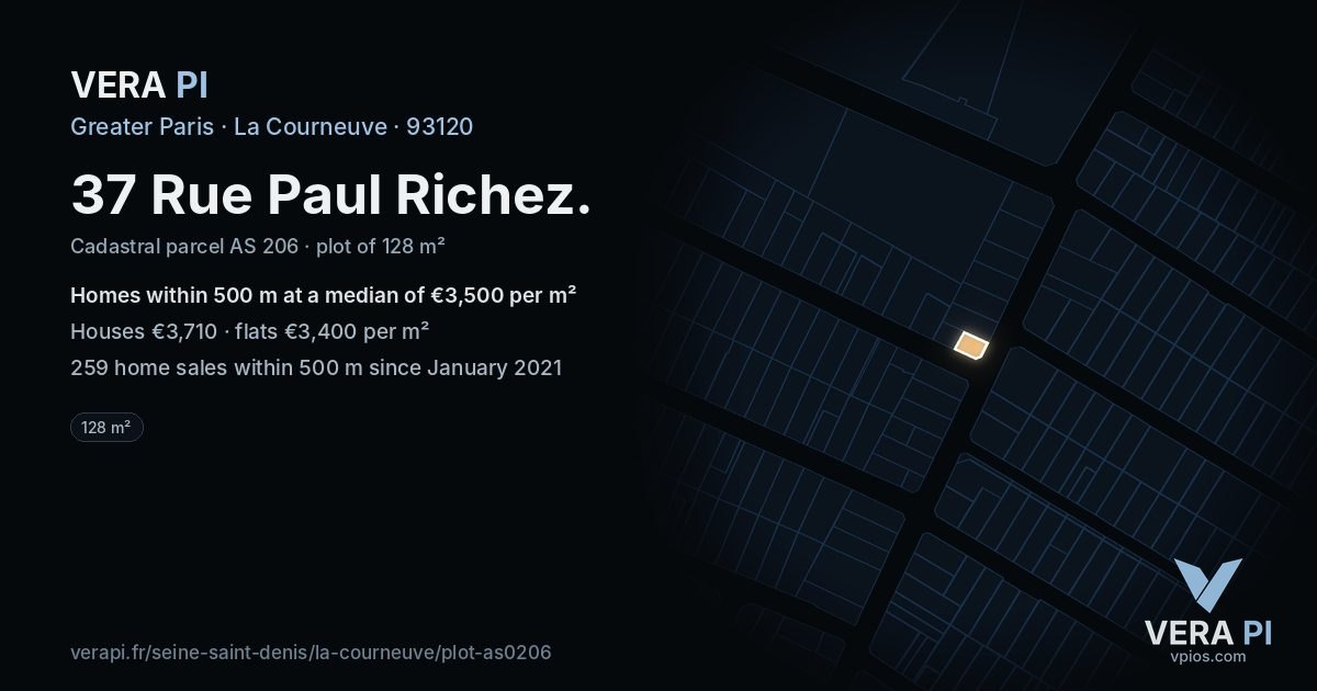 37 Rue Paul Richez, La Courneuve at night – the plot lit, the parcels around coloured by the prices near them