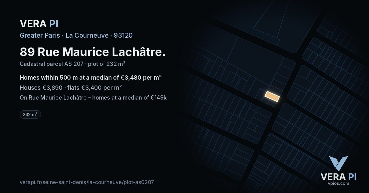 89 Rue Maurice Lachâtre, La Courneuve at night – the plot lit, the parcels around coloured by the prices near them