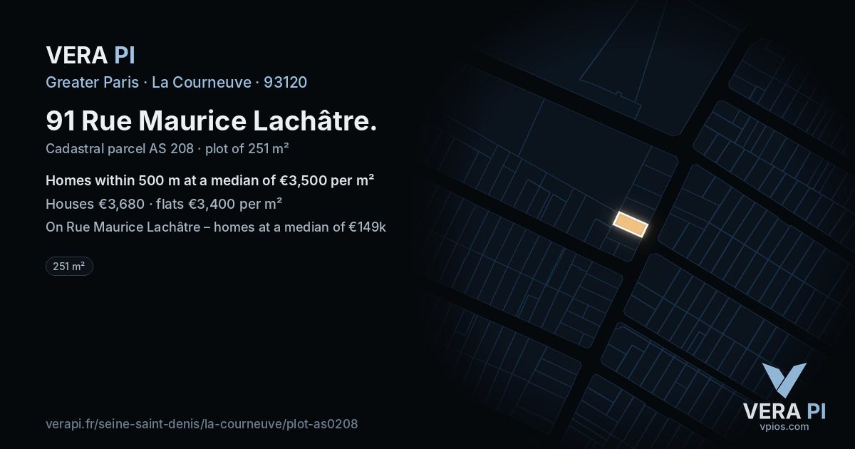 91 Rue Maurice Lachâtre, La Courneuve at night – the plot lit, the parcels around coloured by the prices near them