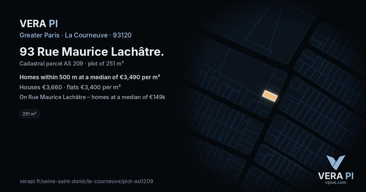 93 Rue Maurice Lachâtre, La Courneuve at night – the plot lit, the parcels around coloured by the prices near them