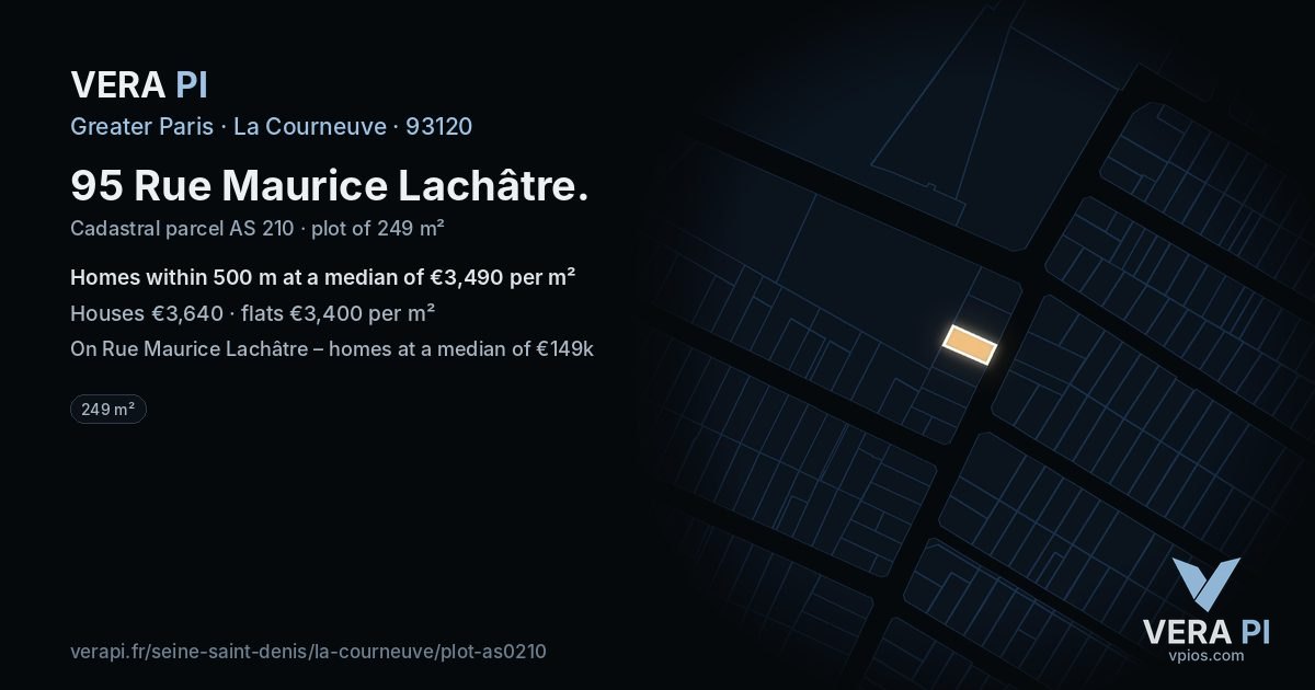 95 Rue Maurice Lachâtre, La Courneuve at night – the plot lit, the parcels around coloured by the prices near them