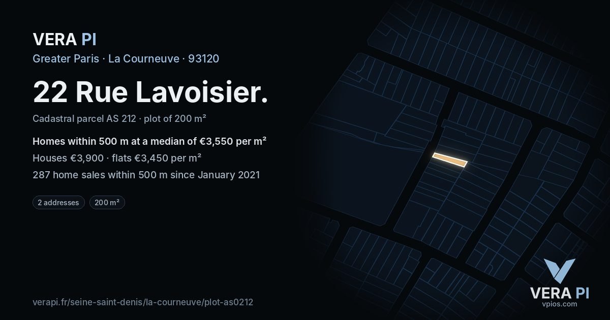 22 Rue Lavoisier, La Courneuve at night – the plot lit, the parcels around coloured by the prices near them