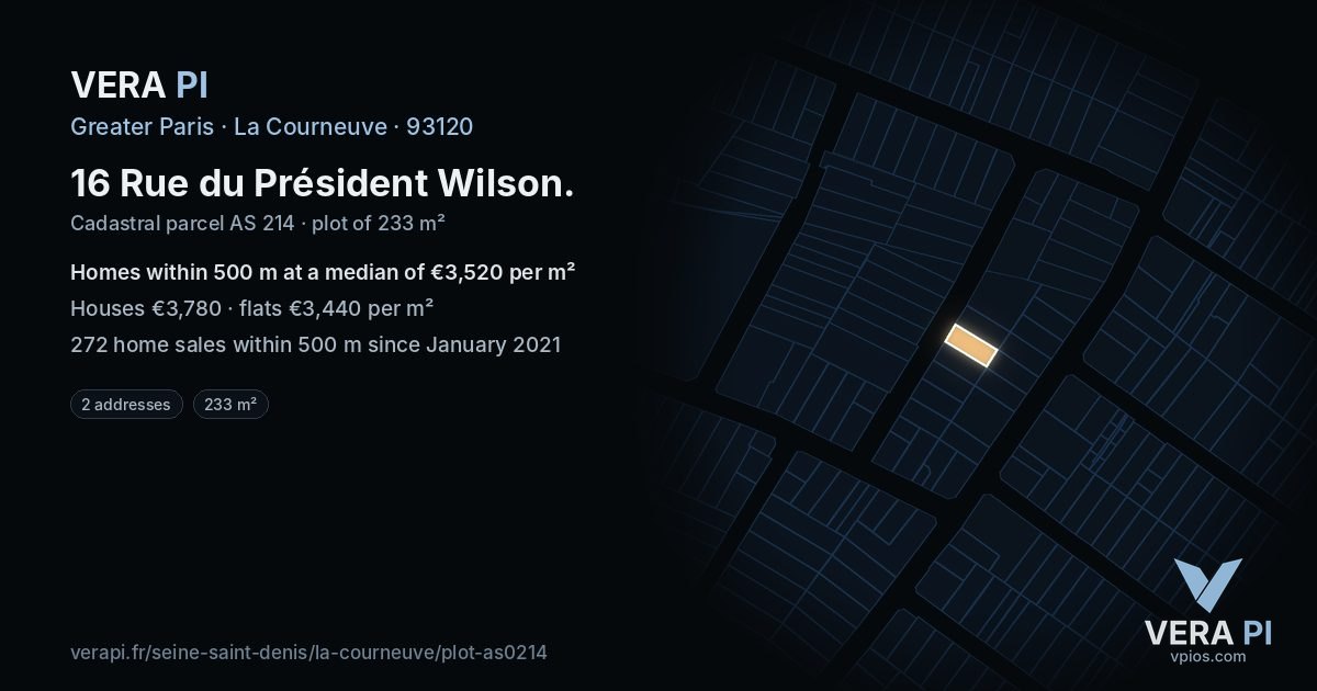16 Rue du Président Wilson, La Courneuve at night – the plot lit, the parcels around coloured by the prices near them